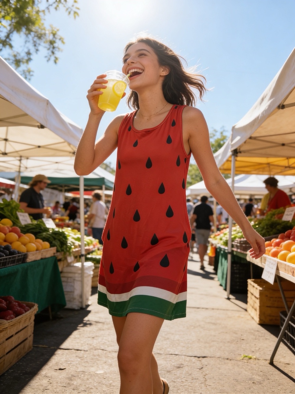 Red Watermelon-Print Sleeveless Mini Dress with Green and White Hem